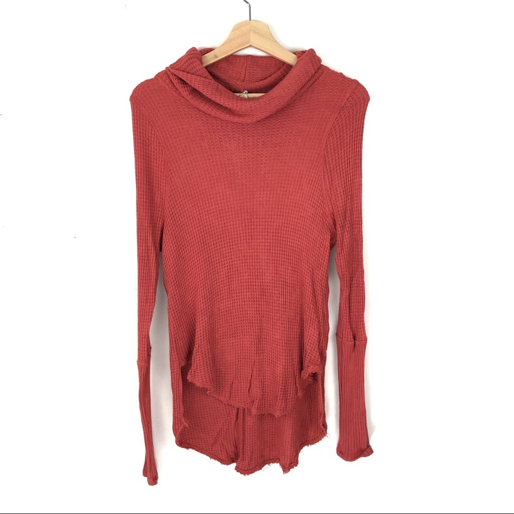 We the Free Mock Neck Waffle Raw Hem Long Sleeve